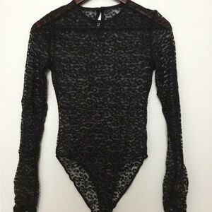 Lace Net Teddy Long Sleeves Neck High Cut Sheer Back Black Forever 21